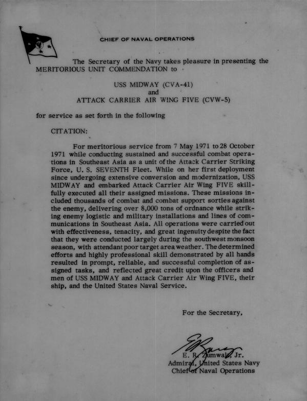 Meritorious Unit Commendation from CNO, 1971